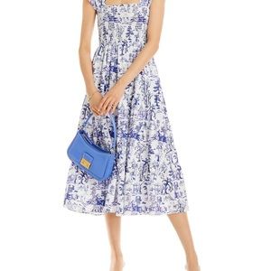 Aqua Calypso Tiered Smocked Toile Print Long Dress Small Blue White